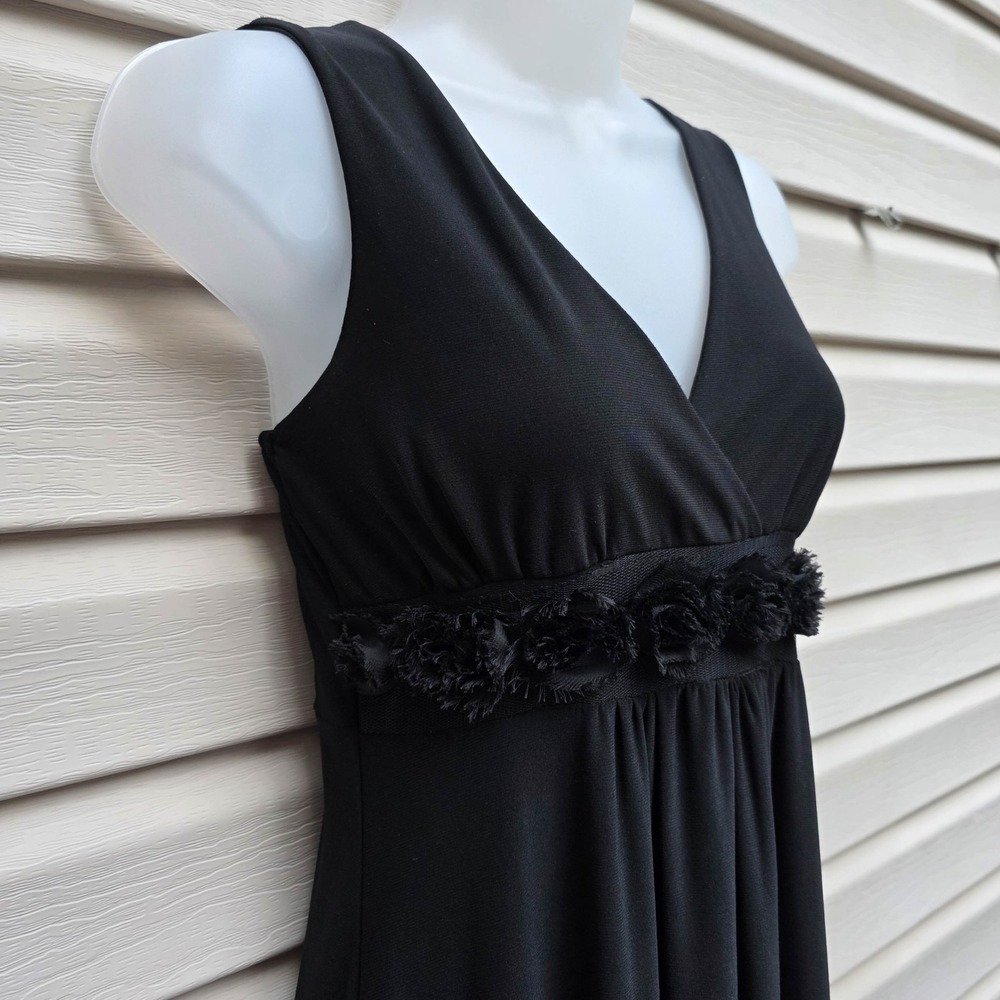 Vtg Y2K Donutz Inc Maxi Dress S Black Babydoll Faux Wrap Rosette Trim USA